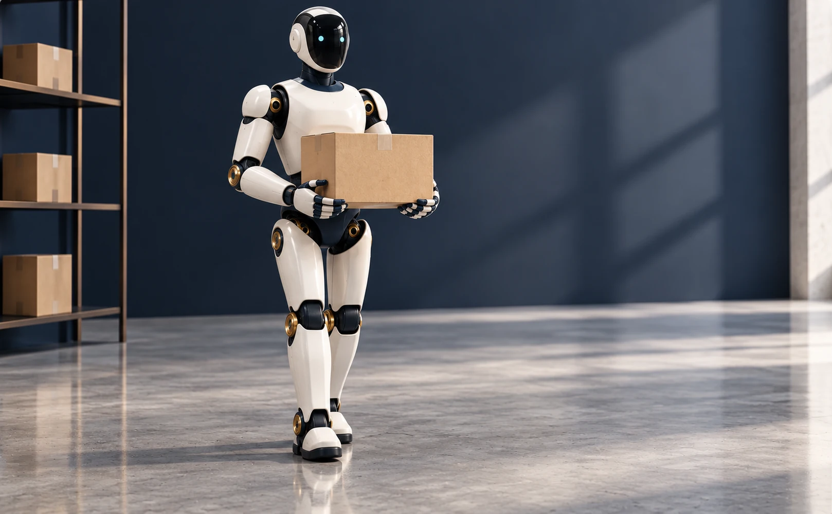 تصویر مفهومی SeeBot در انبار، در حال حمل جعبه؛ از بخش SeeNext در Seemerce Infinity.